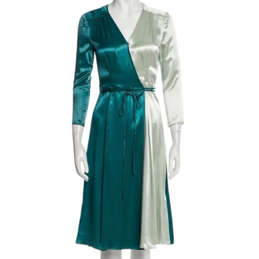 Callipygian Teal Green Blue Satin V-Neck Colorblock Wrap Midi Dress Size 0 NWT